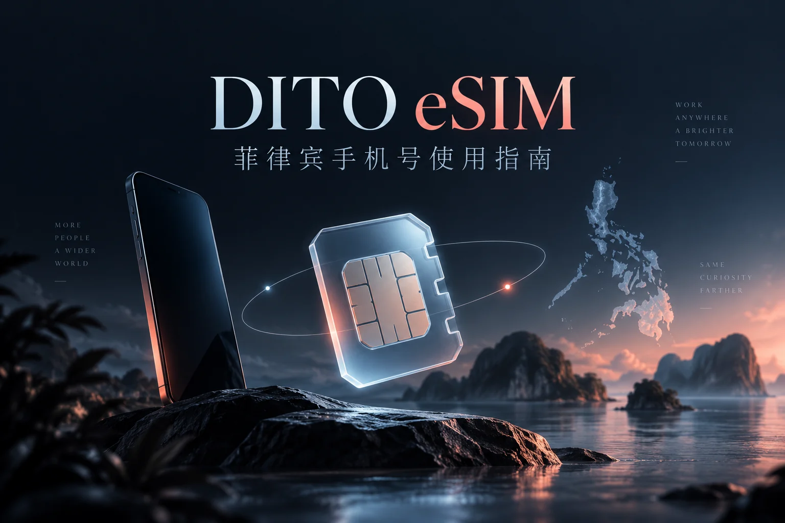 AI 创意封面:DITO eSIM、手机与菲律宾群岛,深蓝与浅珊瑚色。