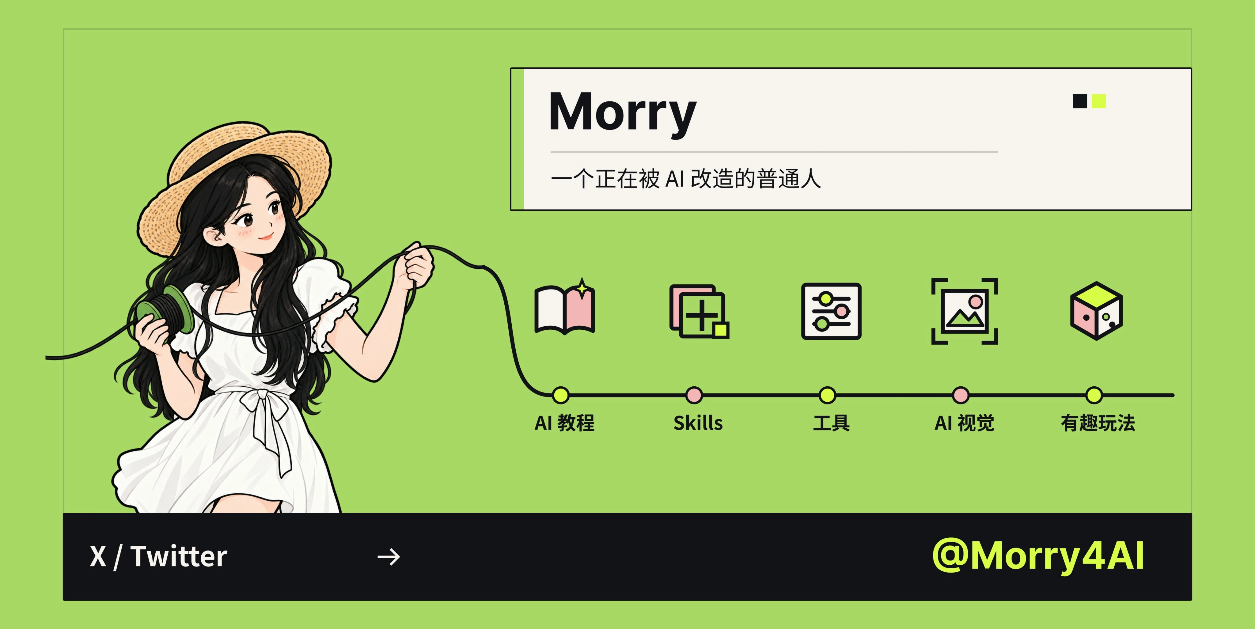Morry 的绿色系个人介绍横幅,展示头像风格的延展