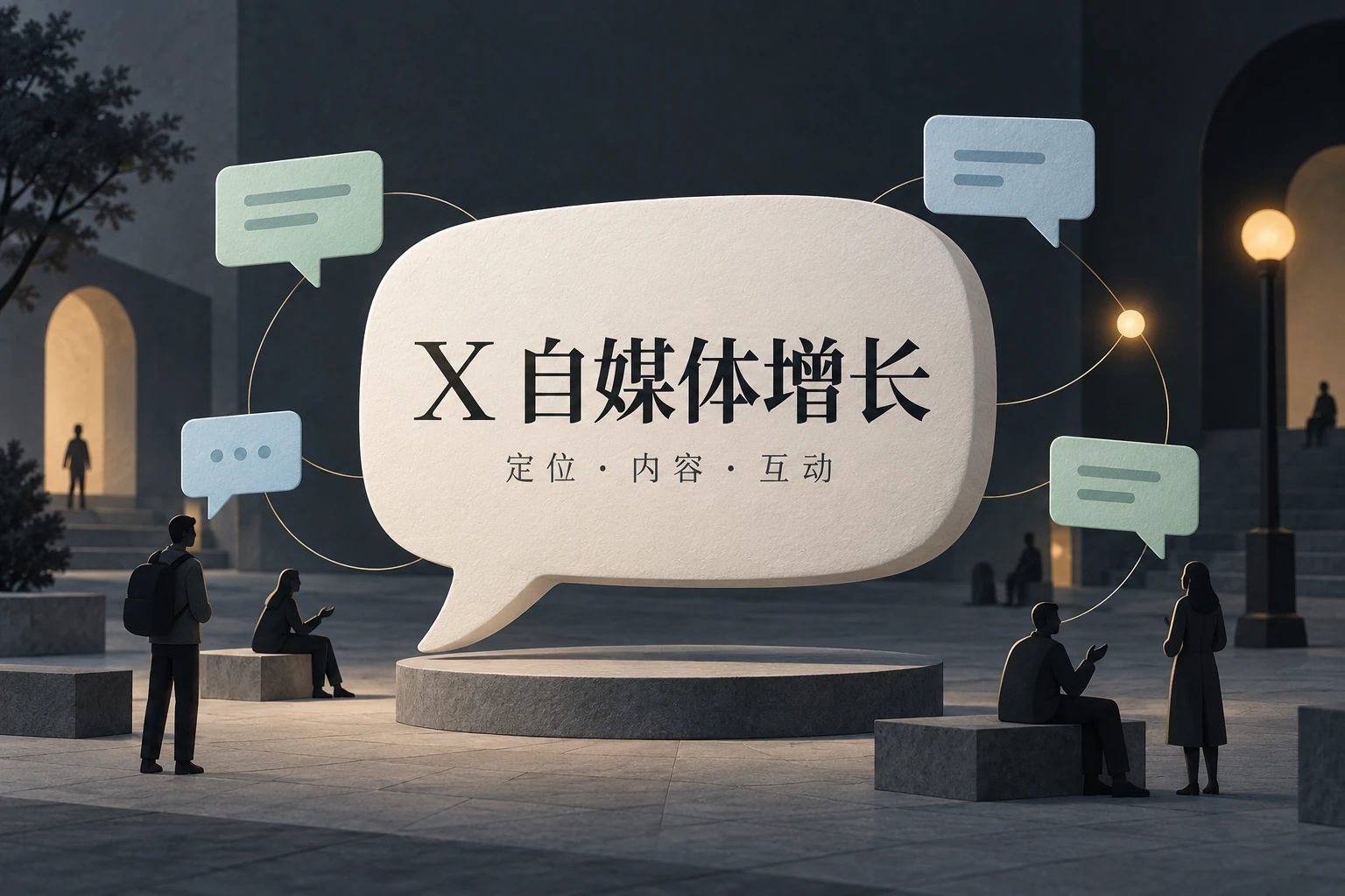X 自媒体增长：广场上的对话气泡与人物，定位、内容、互动主题的 AI 创意封面