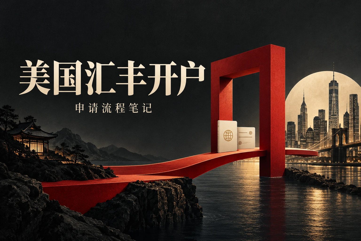 美国汇丰开户申请流程笔记,红色通道连接两岸城市的独立编辑插画