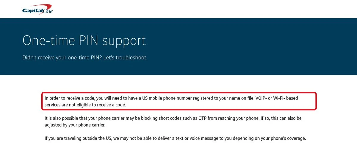 Capital One 一次性验证码帮助页,原作者标出了号码要求