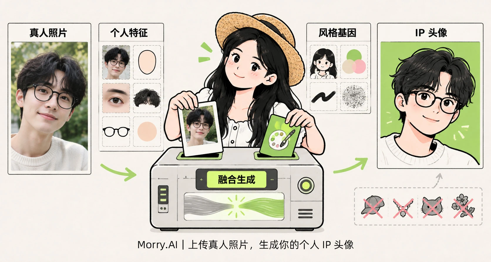 把真人照片的个人特征与参考风格结合,生成新的 IP 头像