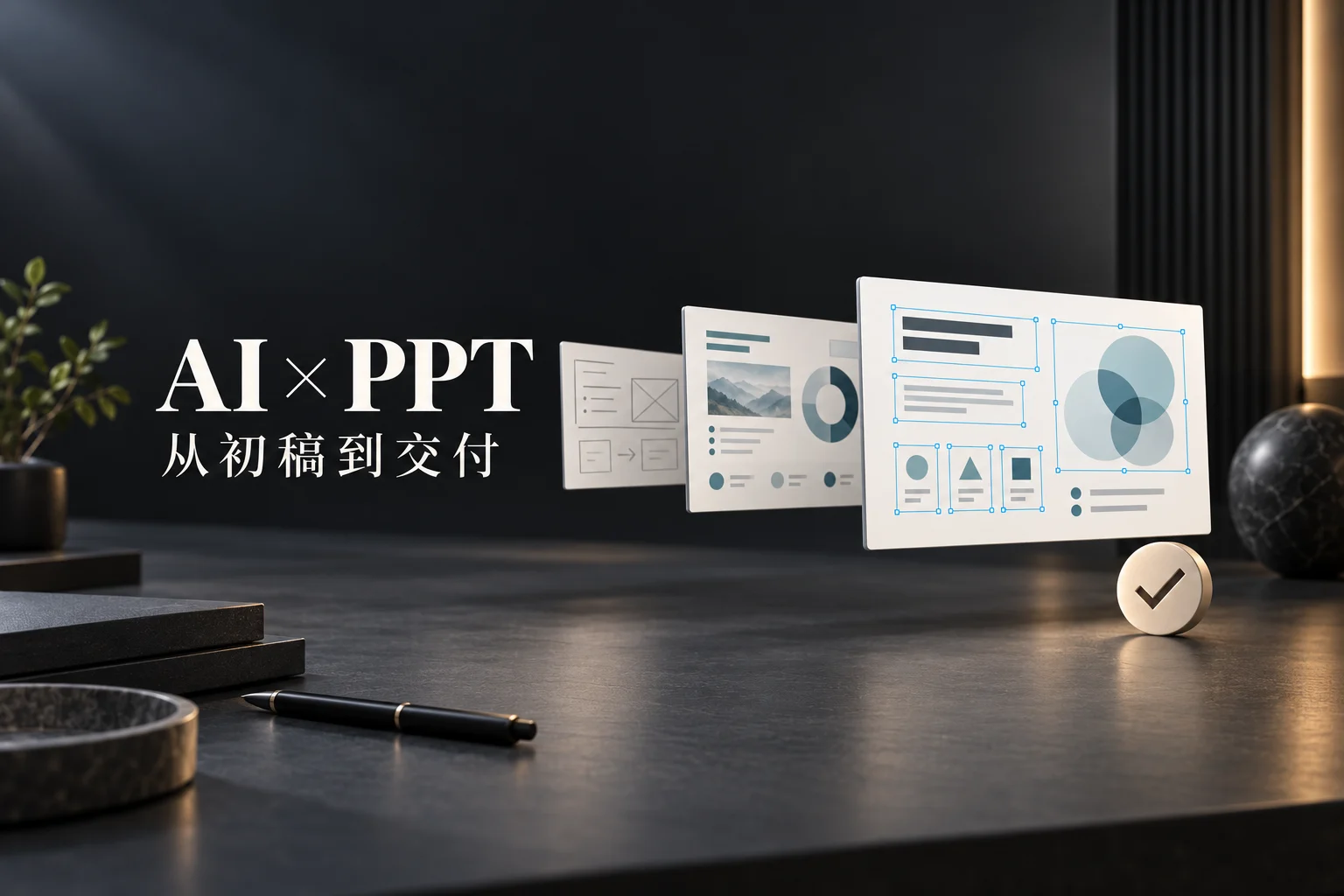 AI 生成封面:从提纲到演示页面,再到带独立选框的可编辑幻灯片。文字为 AI × PPT,从初稿到交付。