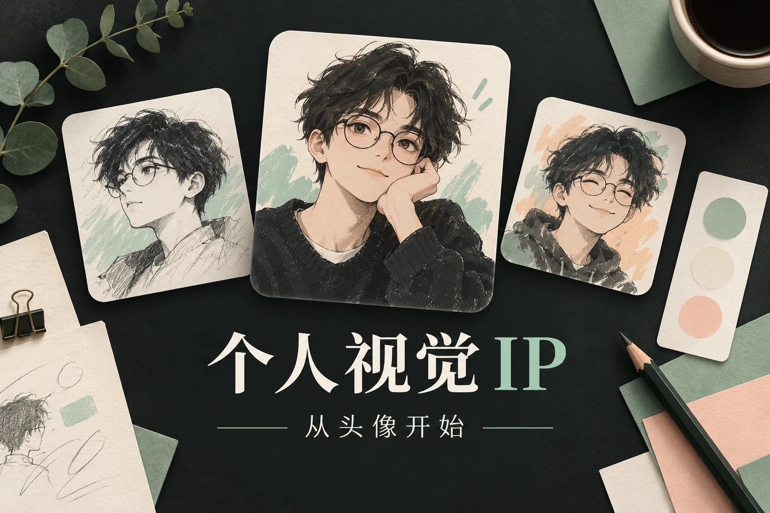 个人视觉 IP:同一人物的三张插画头像与配色卡,AI 创意封面