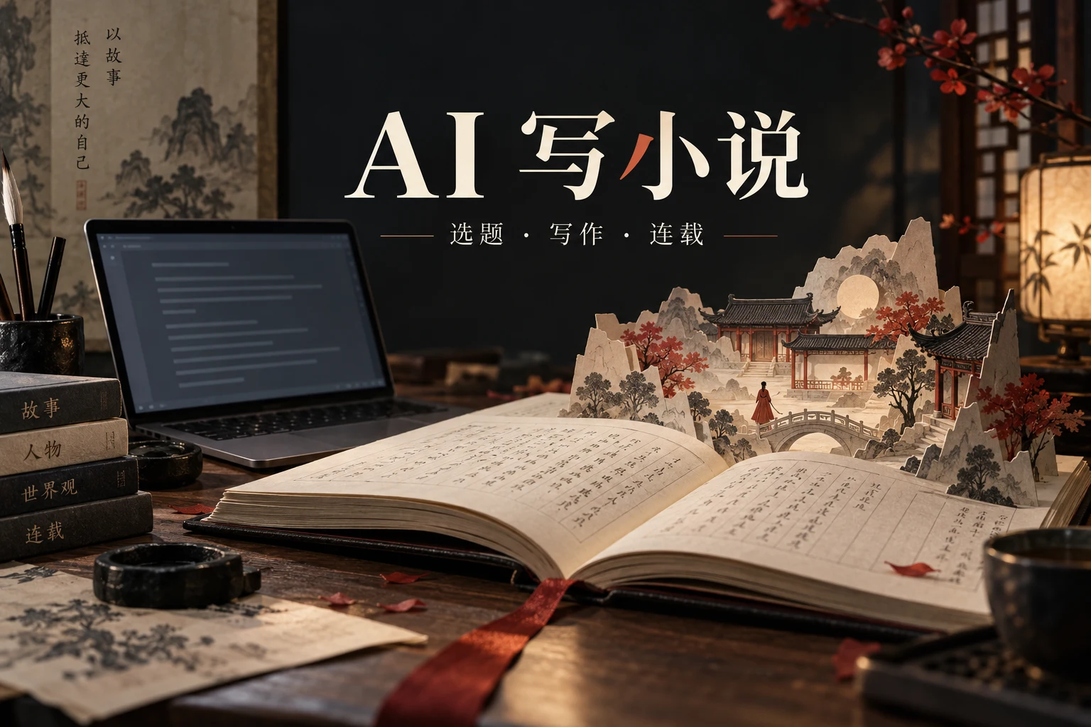 AI 创意封面:手稿与电脑旁,纸雕古代庭院从书页中展开。
