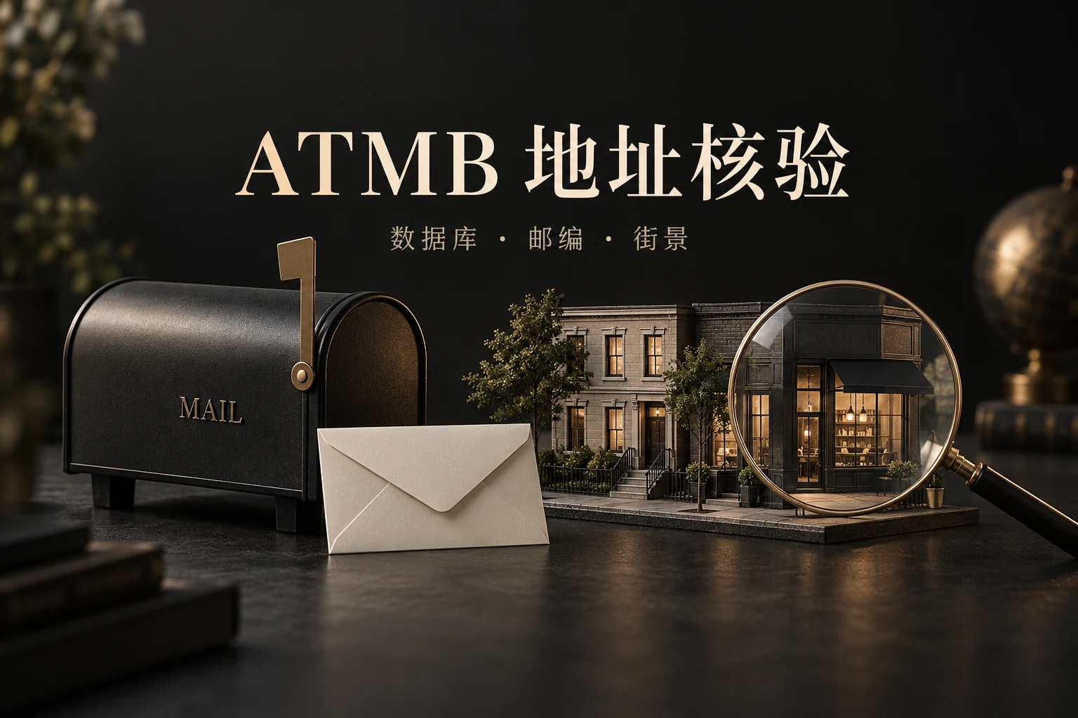 AI 创意封面:ATMB 地址核验,信箱、信封、建筑模型与放大镜。
