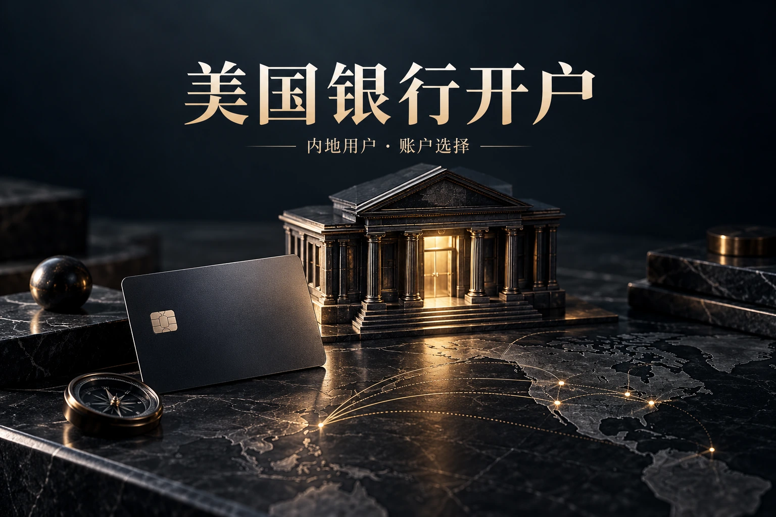 美国银行开户:内地用户账户选择,深色银行建筑与银行卡插画