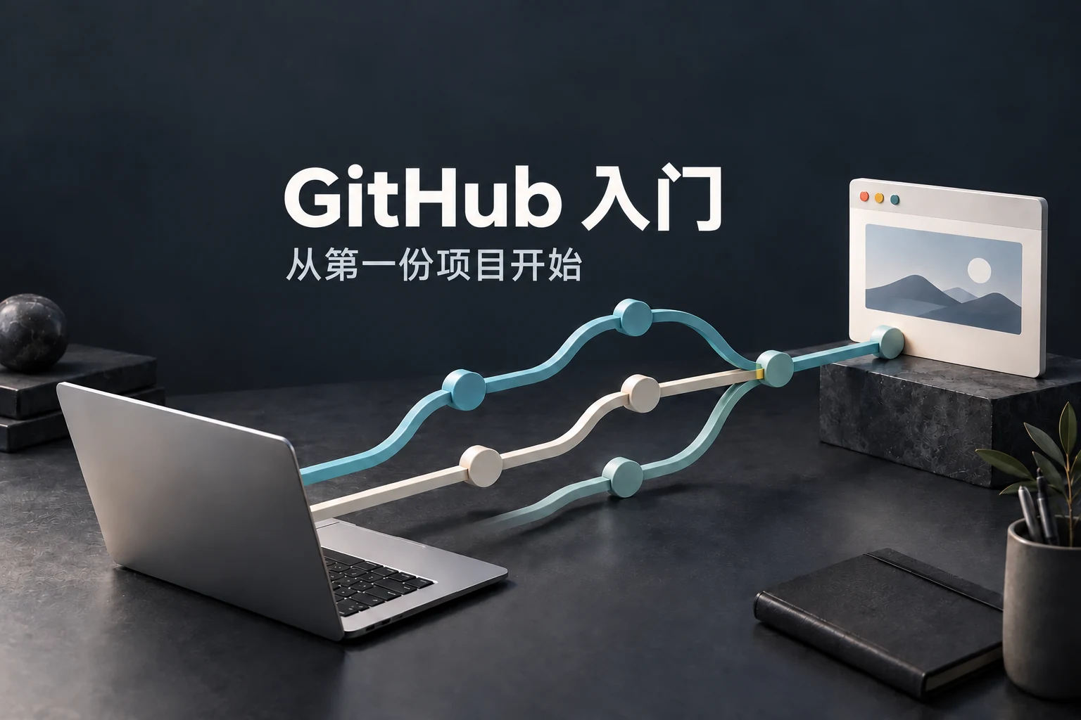GitHub 入门:从第一份项目开始。深色桌面上的笔记本电脑,青色分支与提交节点汇合到一个网页面板。