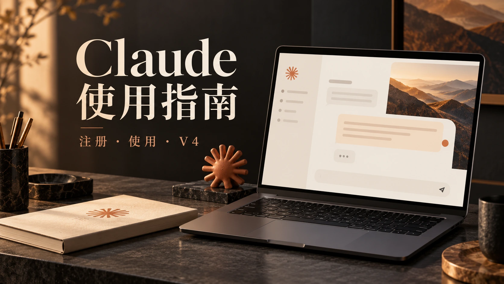 Claude 使用指南:暖色桌面与笔记本电脑主题封面